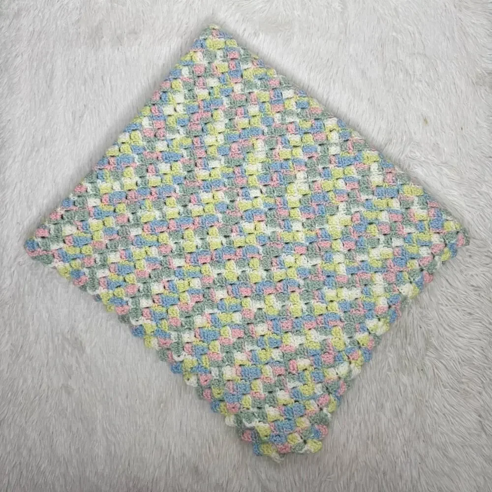 Handmade crocheted pastel pink blue yellow green chunky baby blanket